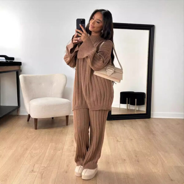 Solid Color Idle Style Round Neck Loose Sweater Trousers Two-piece Set - Image 2